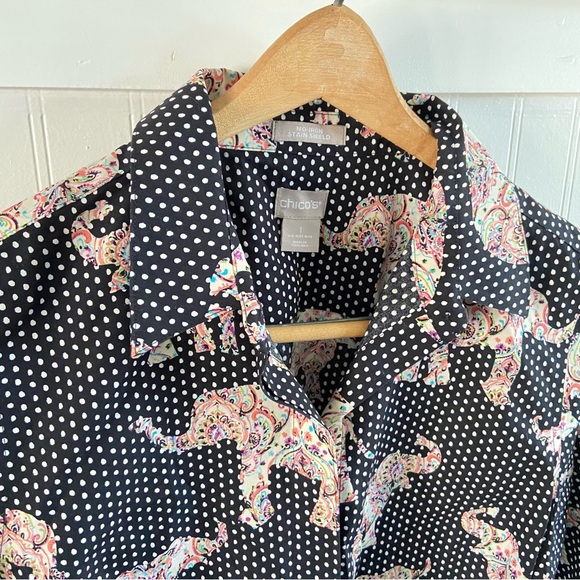 Chico's Size 1 Black Polka Dot Elephants Button Up Shirt No Iron Stain Sheild - Picture 6 of 14